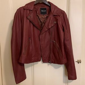 Madewell washed leather moto jacket red/burgundy color